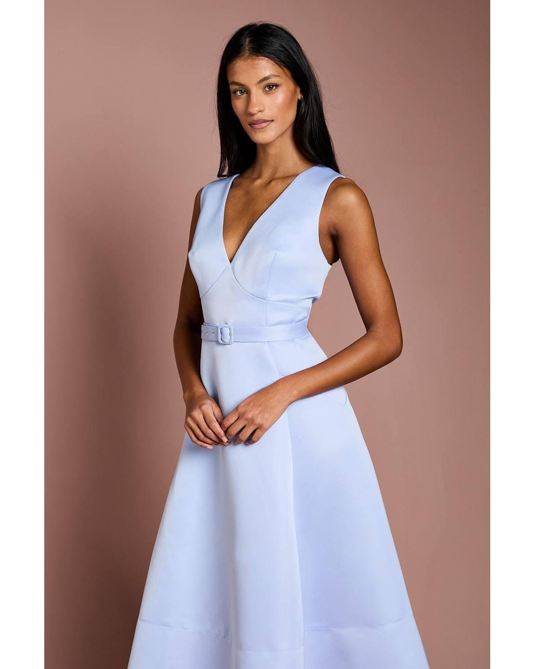Coast Blue Petite V Neck Structured Satin Belted Midi Dress