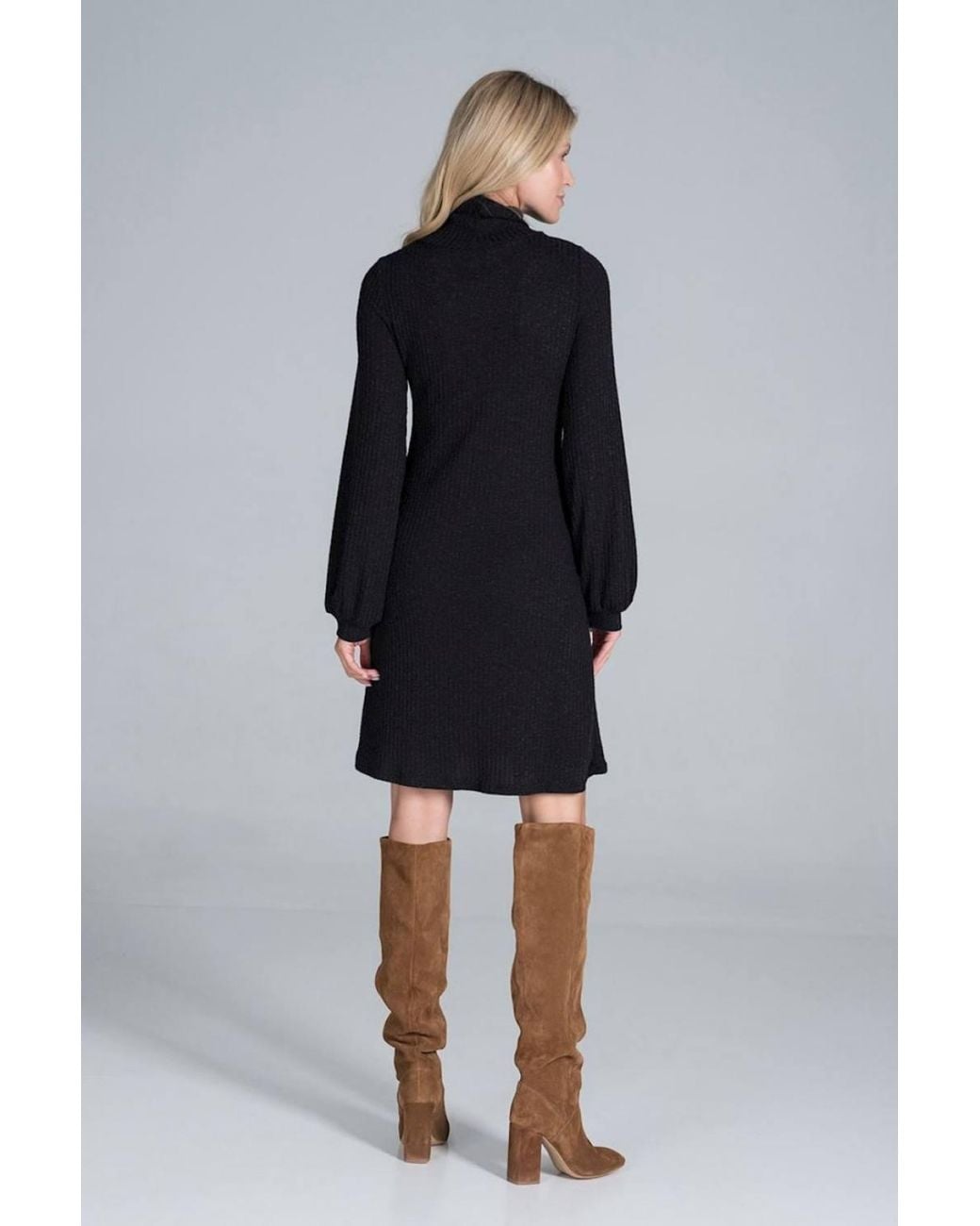 Love Lace Black Ribbed Knit Turtleneck Midi Dress Long Sleeve