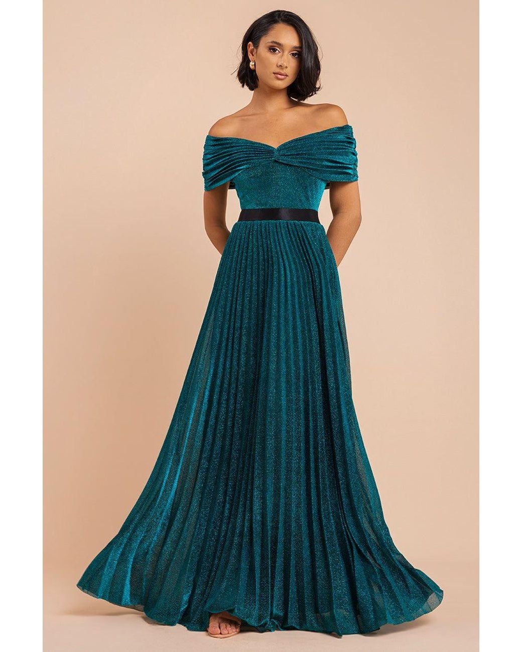 Goddiva Blue Bardot Pleated Skirt Maxi