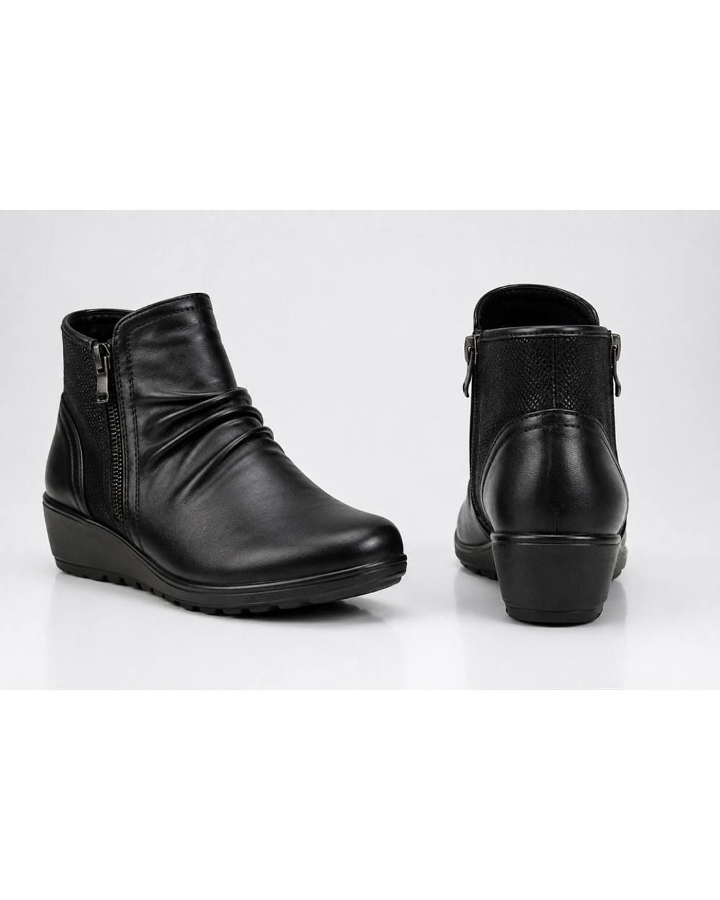 LARANGE Black Faux Leather Wedge Ankle Boots With Side Zip