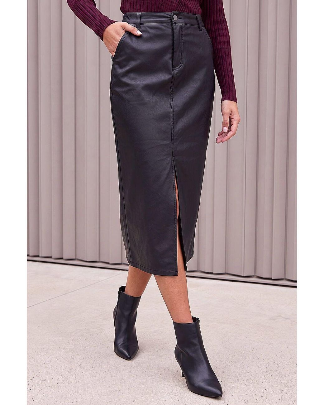 Roman Black Coated Midi Pencil Skirt