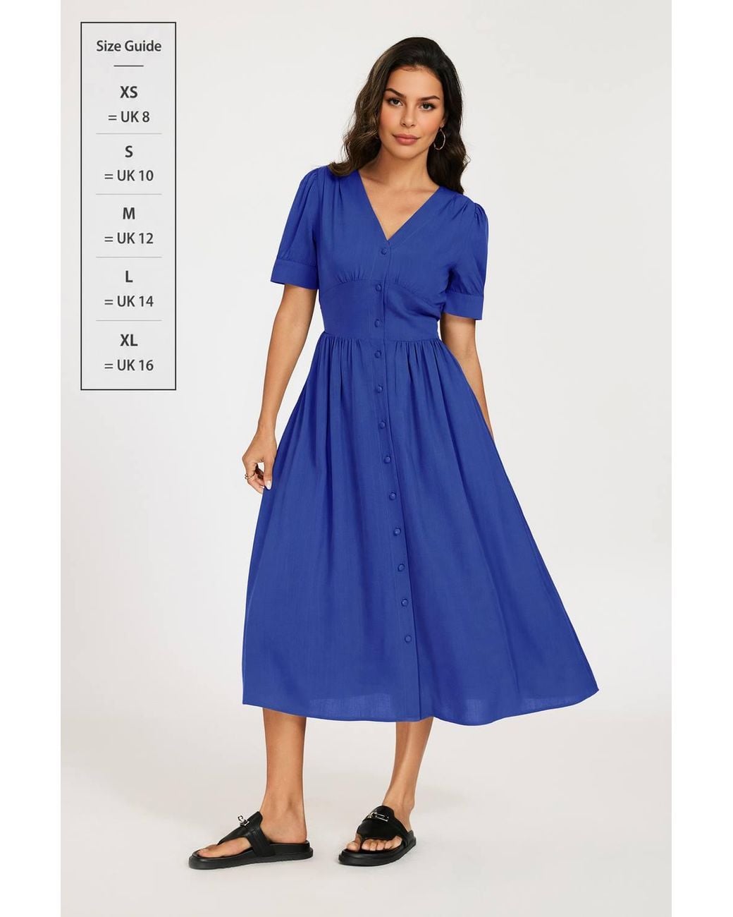 FS Collection Blue Puff Sleeve Button-Front Midi Dress