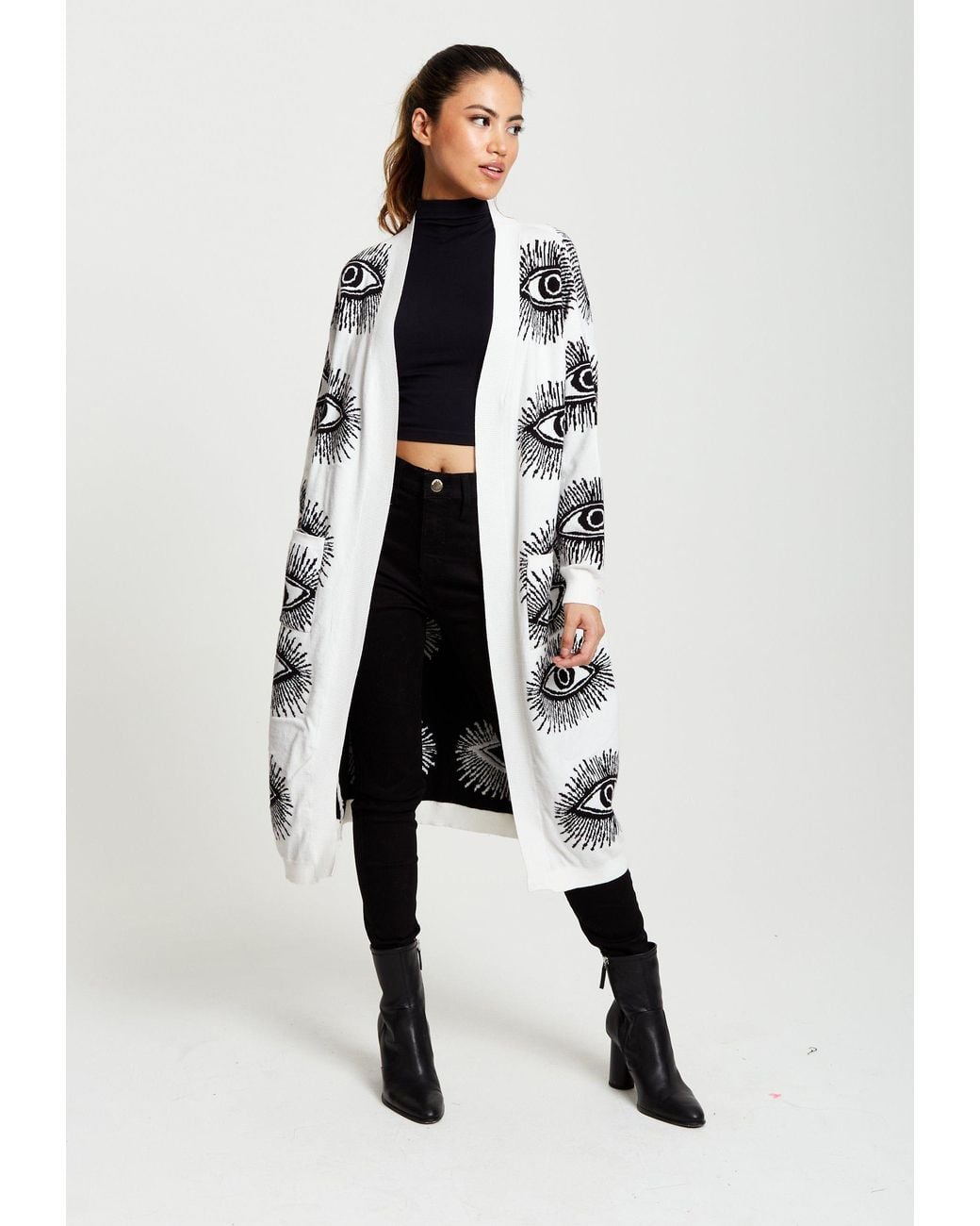 Liquorish Black Eye Pattern Longline Cardigan