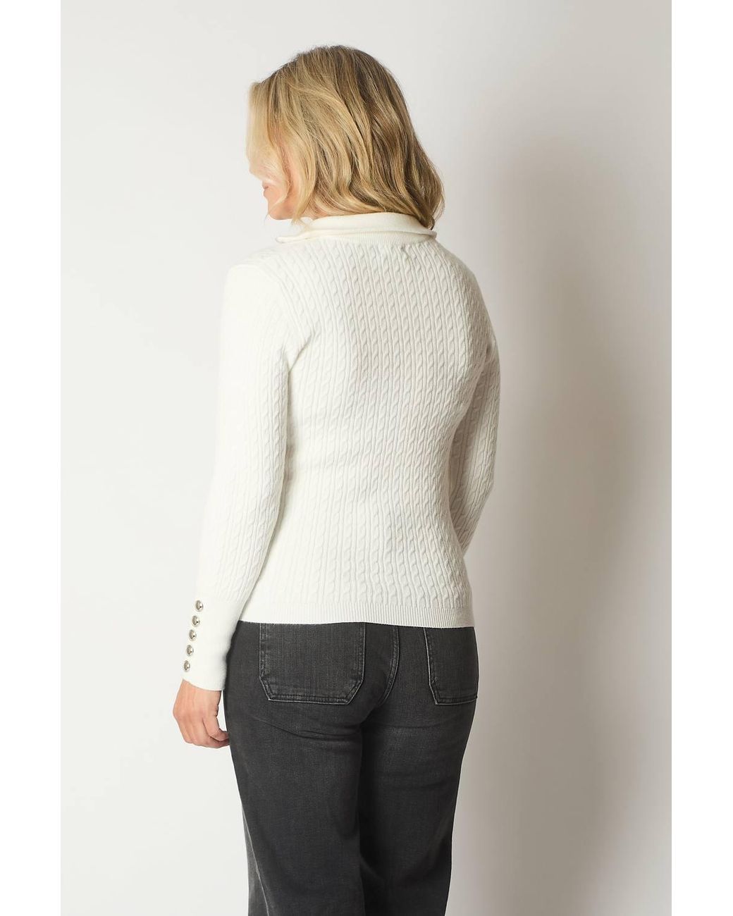 Solo White Cable Knit Quarter-Zip Sweater With Button Cuff Detail