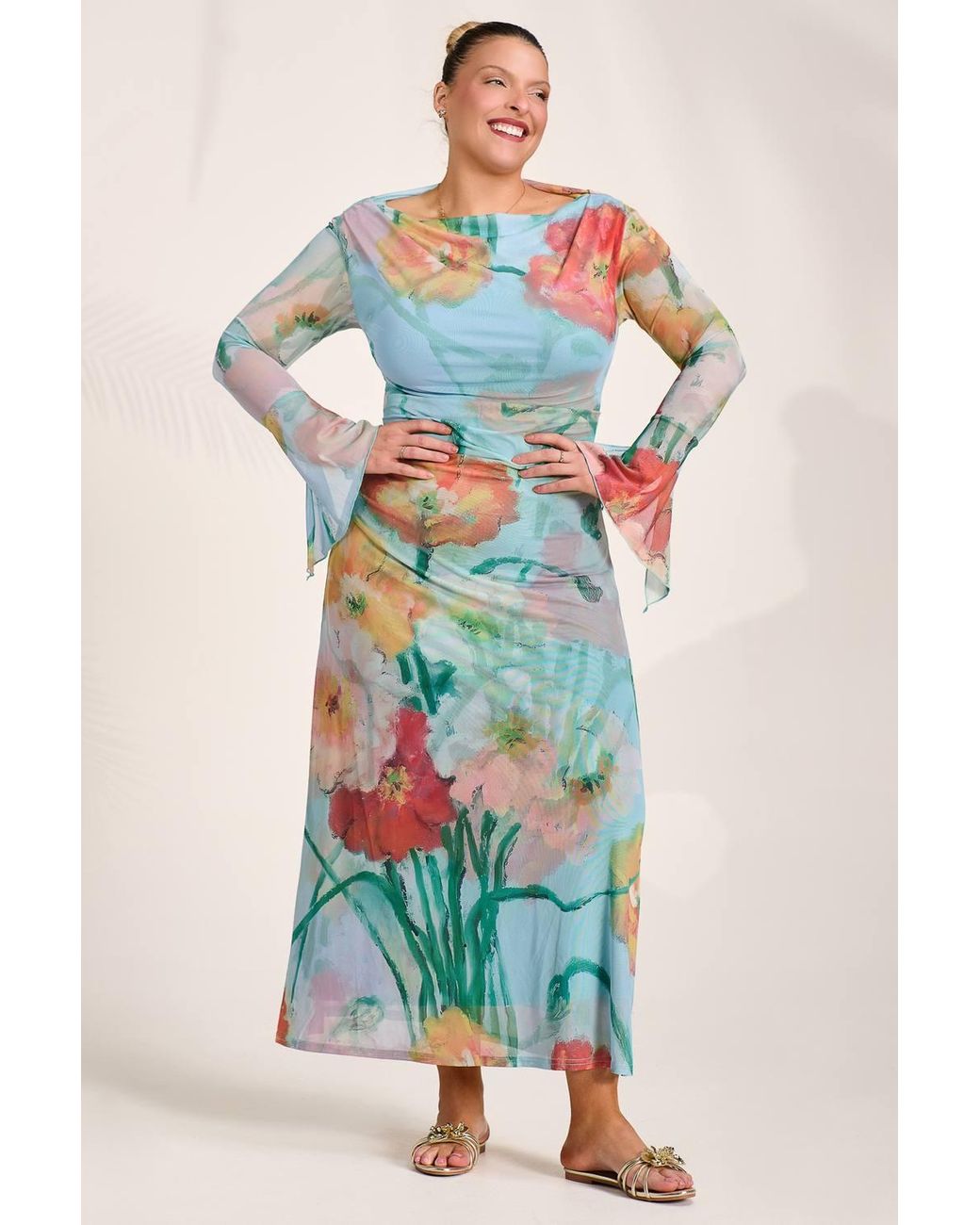 Jolie Moi Blue Long Sleeve Slash Neck Mesh Maxi Dress