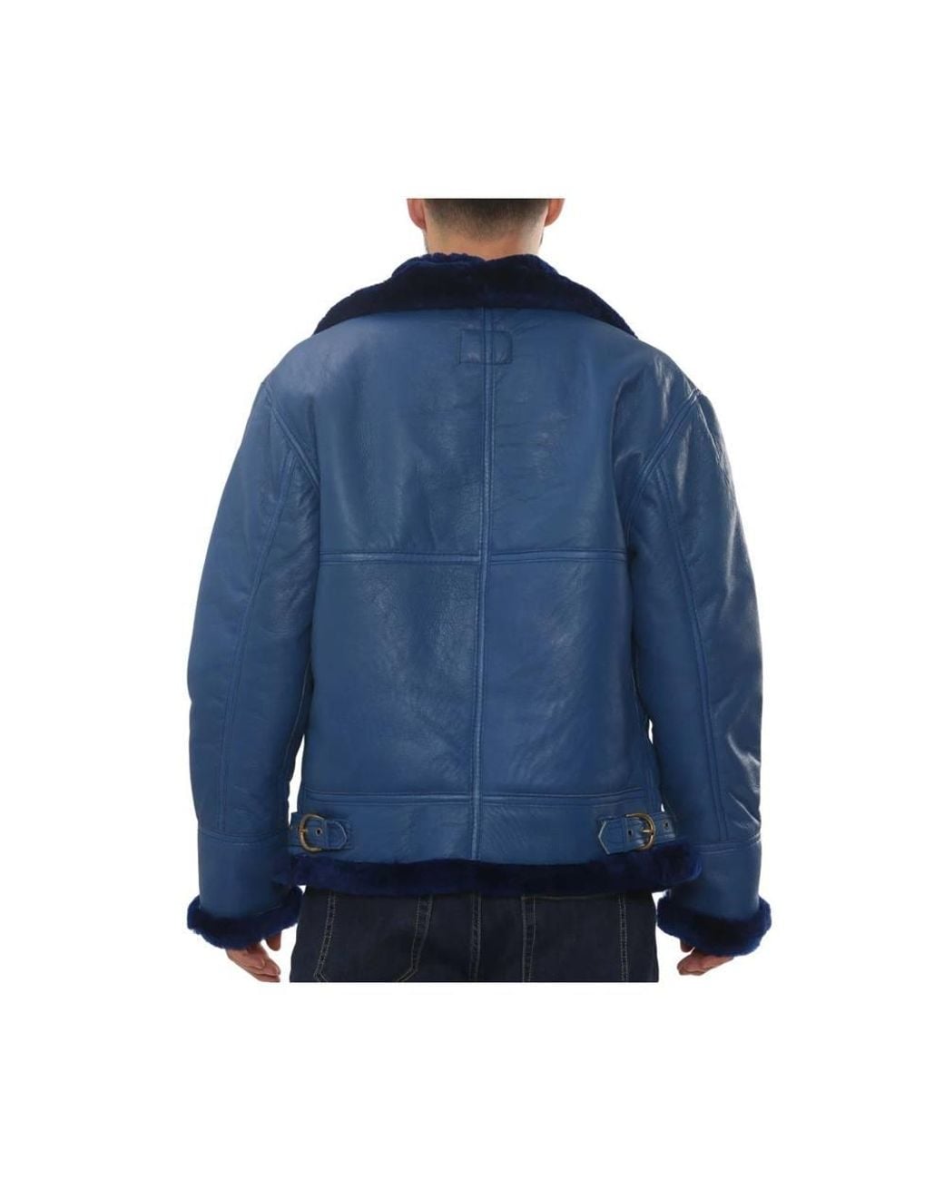 TruClothing Blue Shearling Leather Jacket Sheepskin B3 Aviator Warm Coat for men