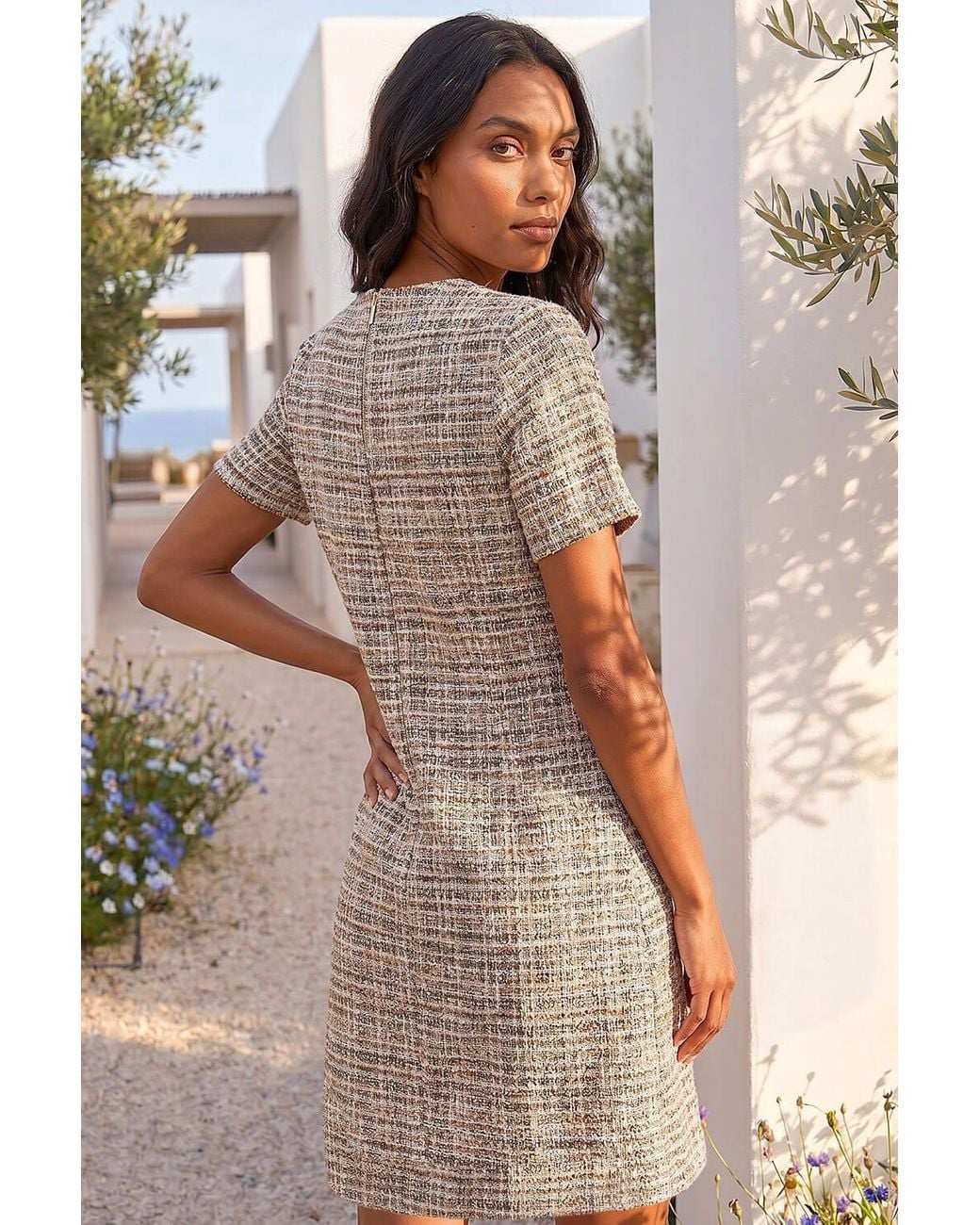 Roman Brown Textured Pocket Stretch Shift Dress