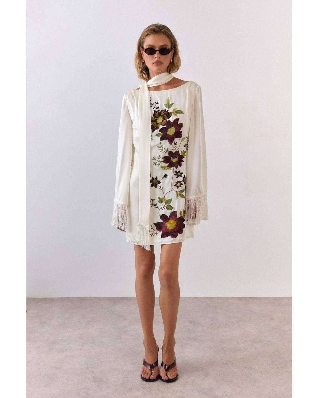 Warehouse Natural Premium Embroidered Fringed Scarf Detail Mini Dress
