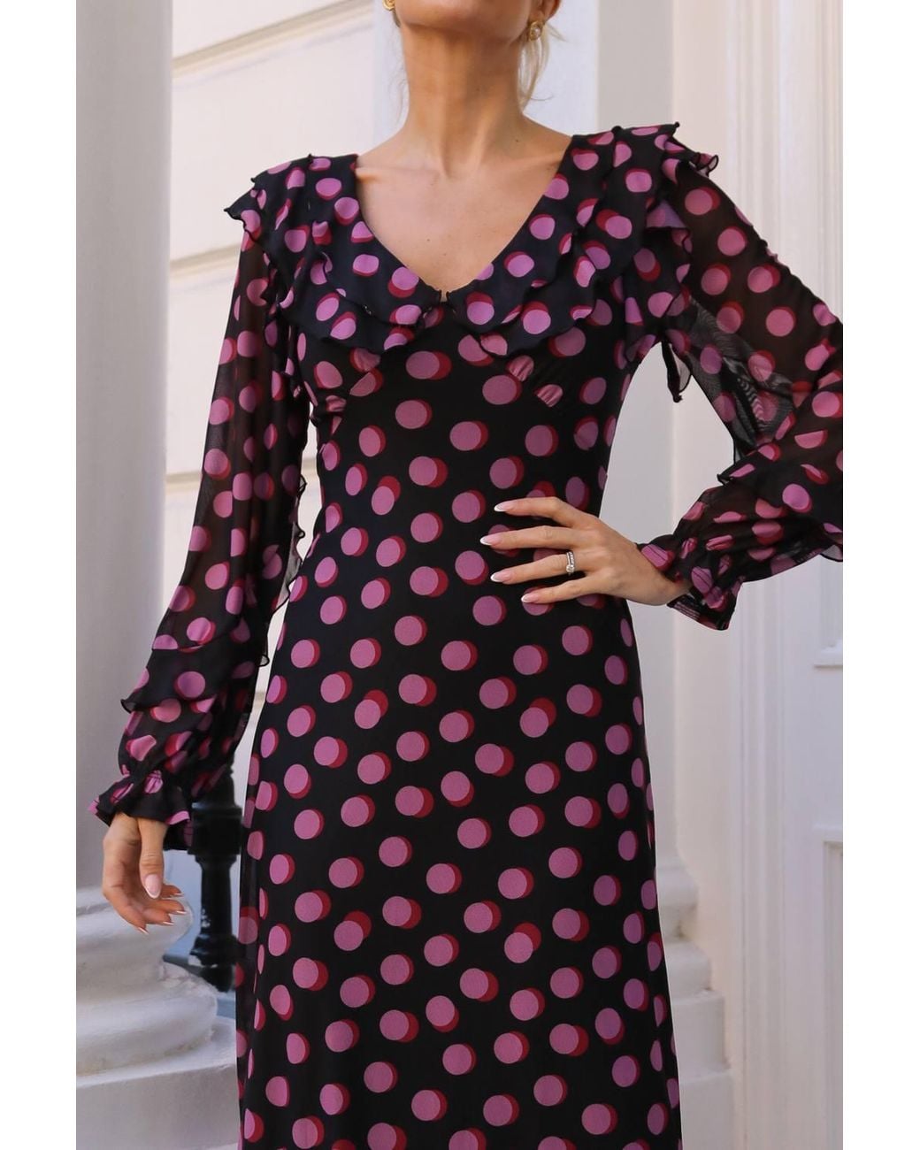 Jolie Moi Blue Ruffle V Neck Long Sleeve Mesh Maxi Dress