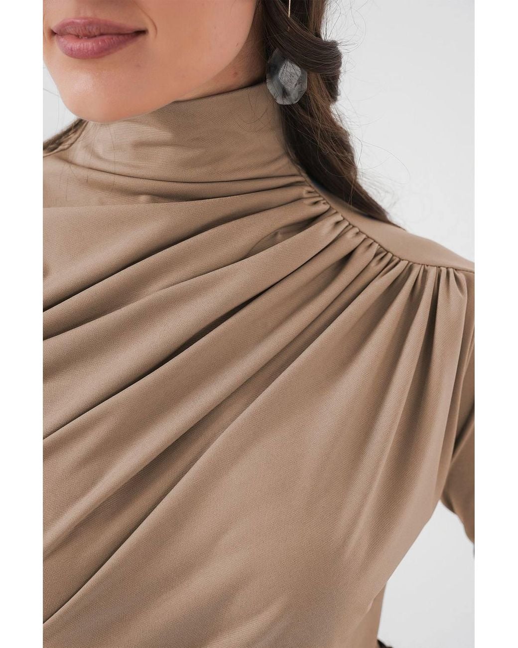 Bigdart Brown Fitted Turtleneck Blouse With Drape Detail