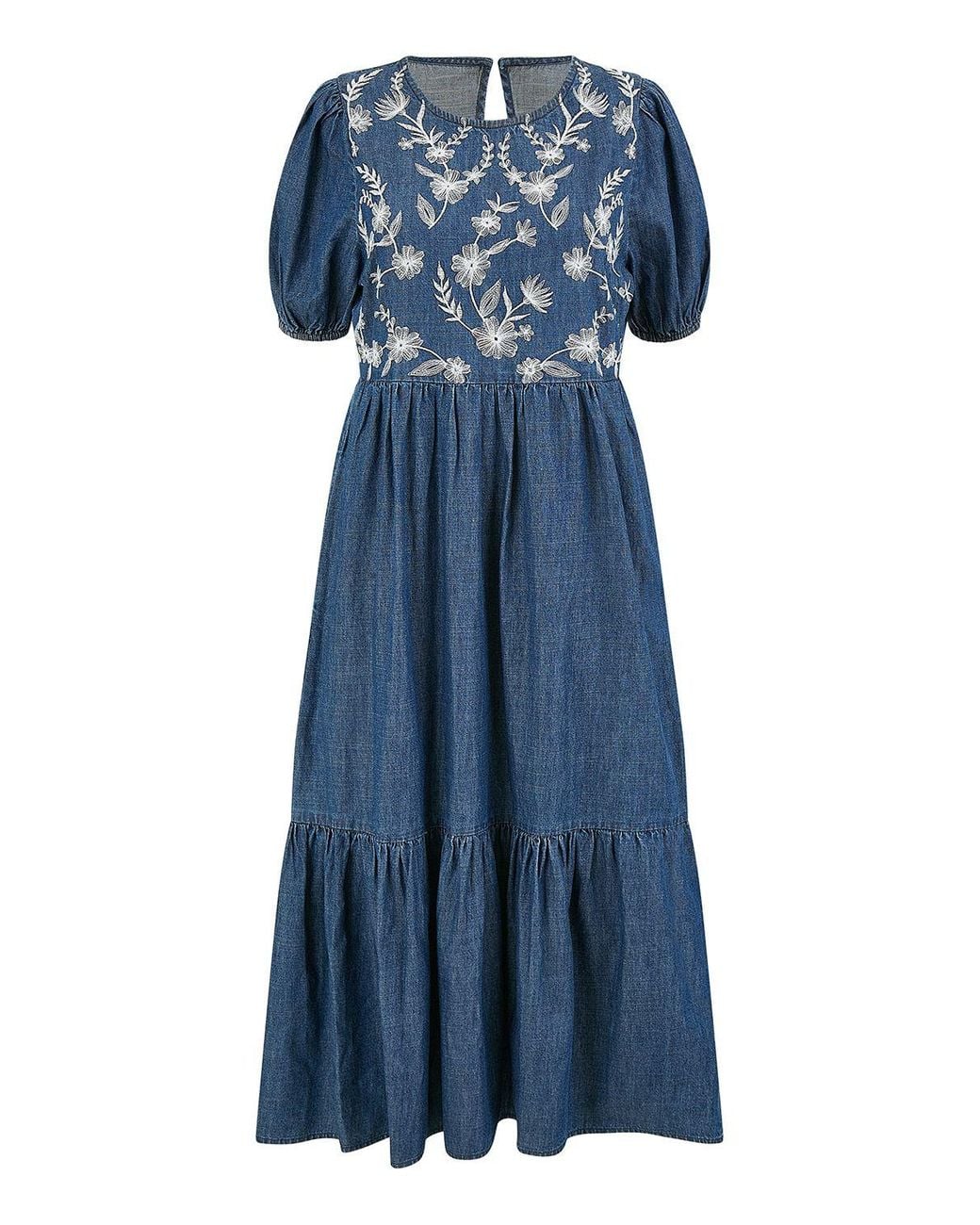 Yumi' Blue Chambray Denim Midi Dress With Embroidery & Puff Sleeves