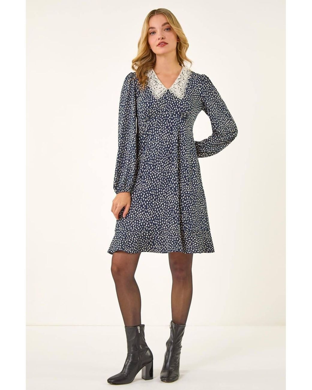 D.u.s.k Blue Lace Collar Spot Print Dress