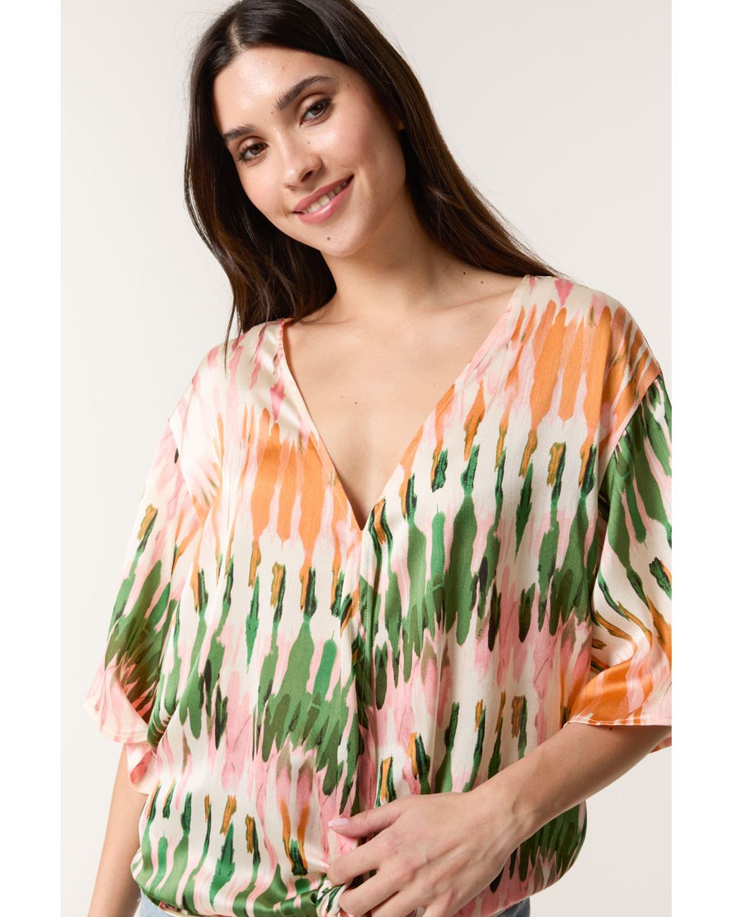 Blue Vanilla Multicolor Multi Short Sleeve Slip On V-Neck Top