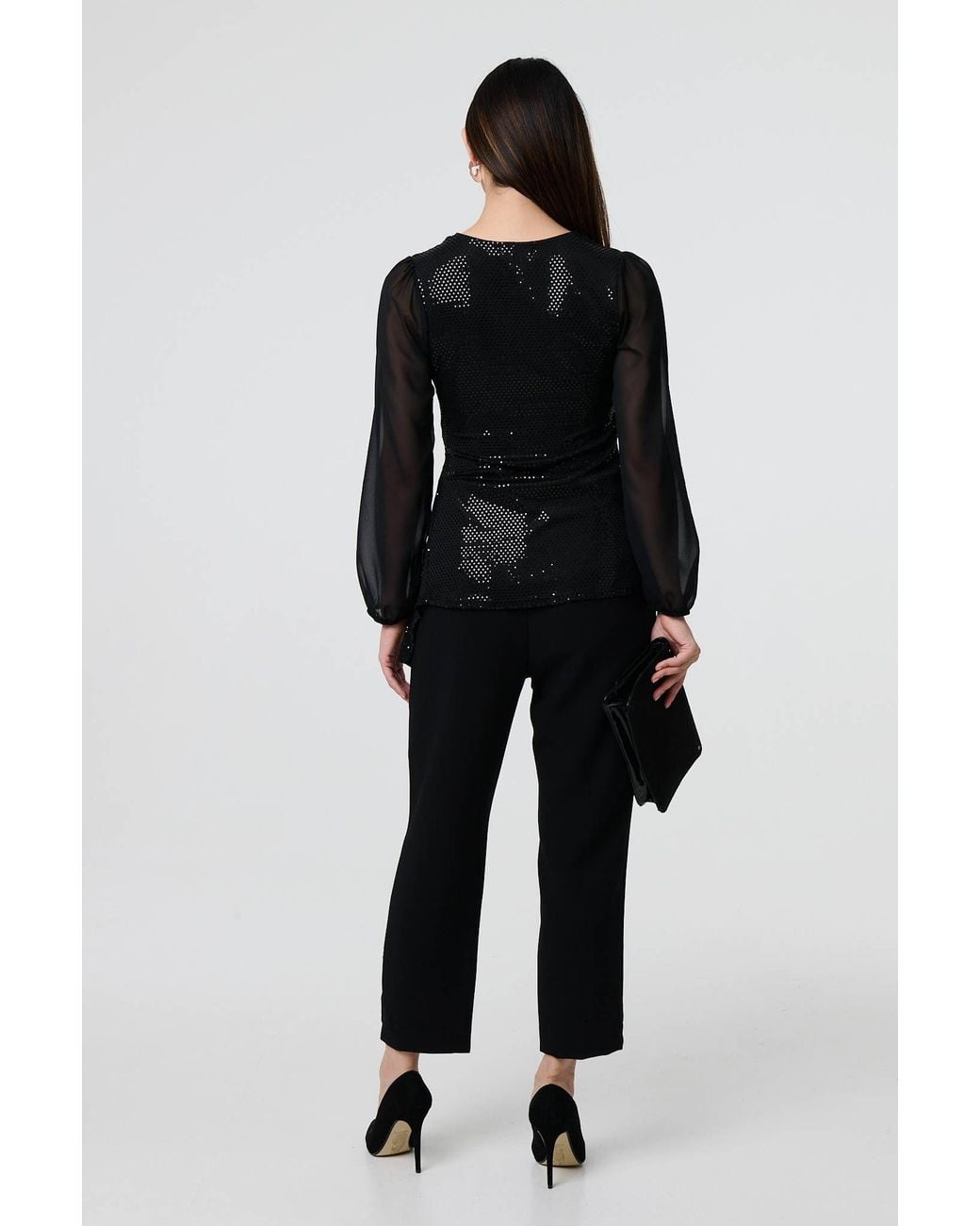 Izabel London Black Semi Sheer Sparkly Long Sleeve Blouse