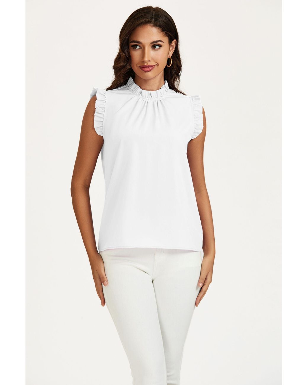 FS Collection White Frill Trim Sleeve Frill Neck Blouse Top