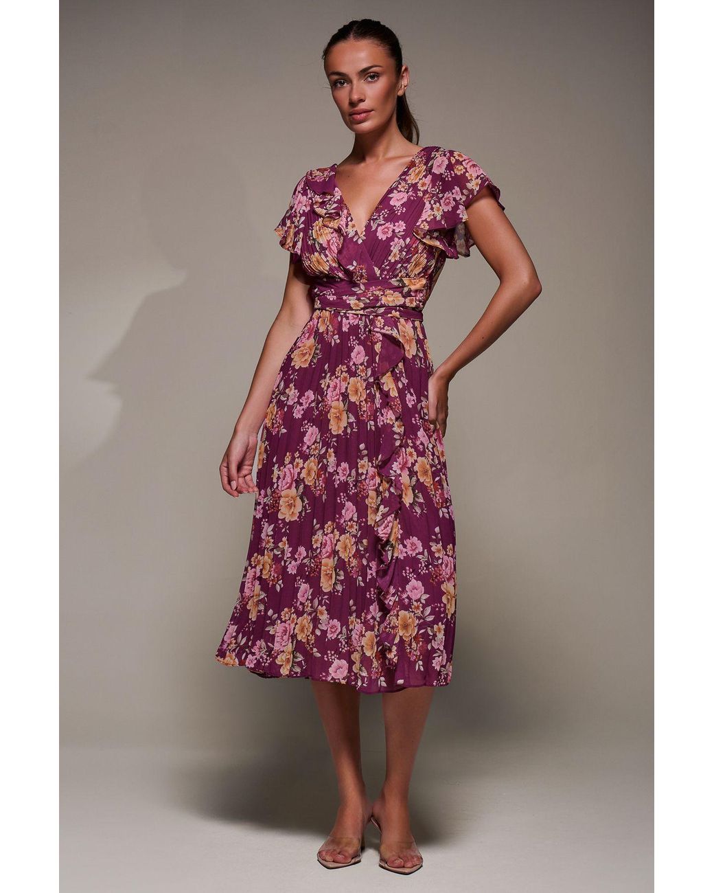Jolie Moi Pink Printed Ruffle Detail Pleated Chiffon Midi Dress