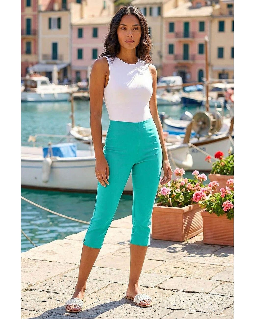 Roman Blue Cropped Stretch Trouser Capri Summer Leggings 3/4 Pedal Pushers