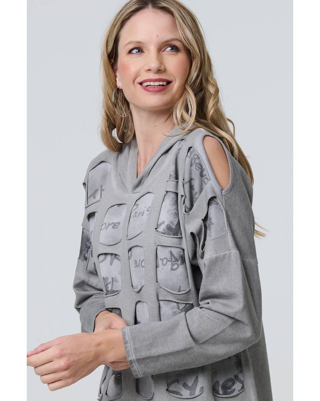 Izabel London Gray Graphic Print Cut Out Layer Hoodie