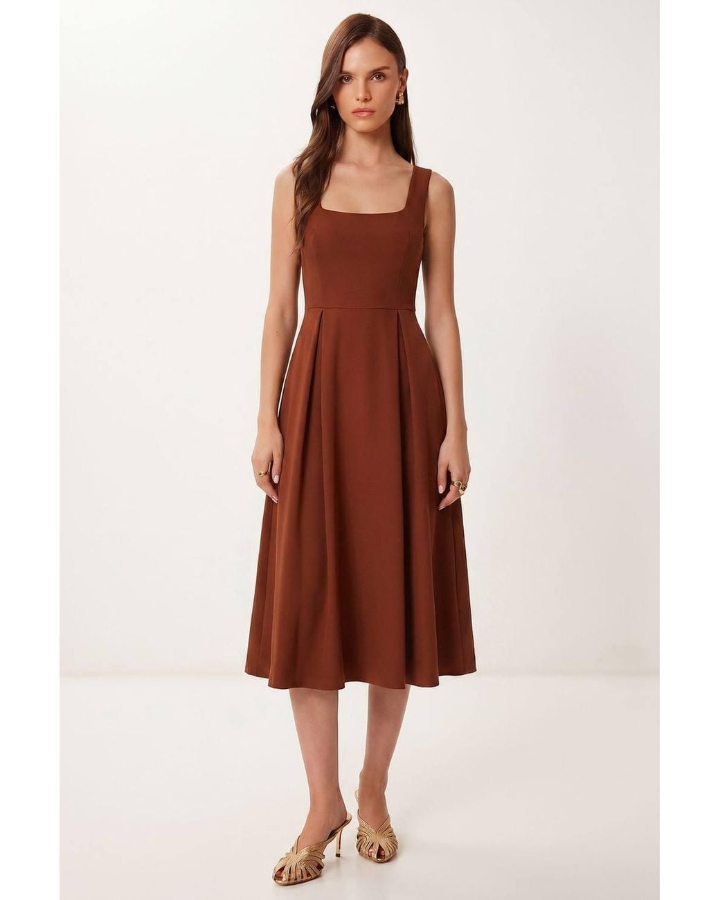 Happiness İstanbul Red Square Collar A-Form Midi Dress With Zipper Closure