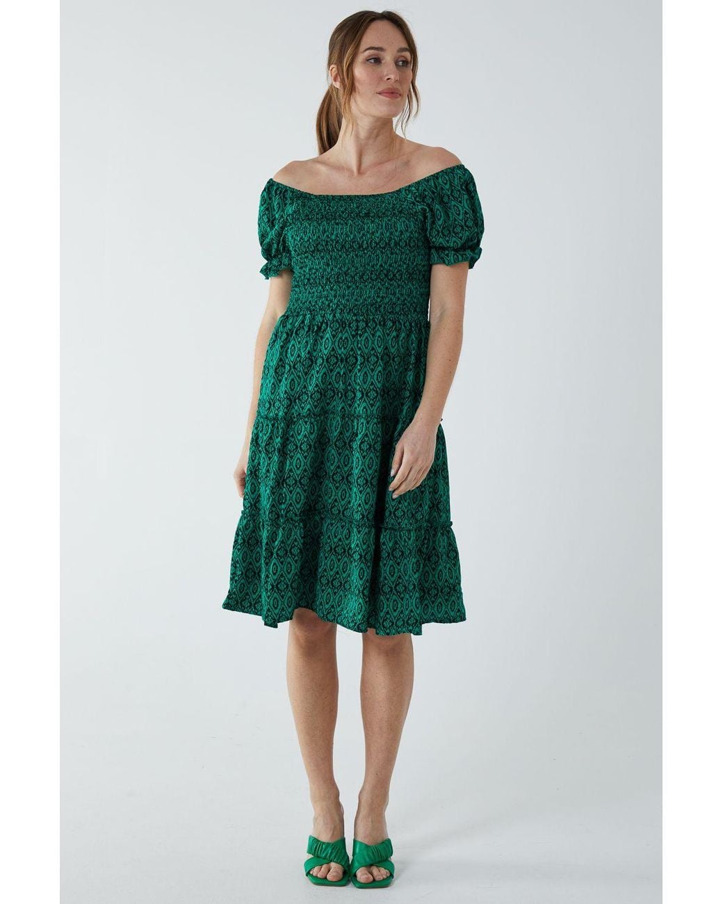 Blue Vanilla Green Puff Sleeve Shirred Dress