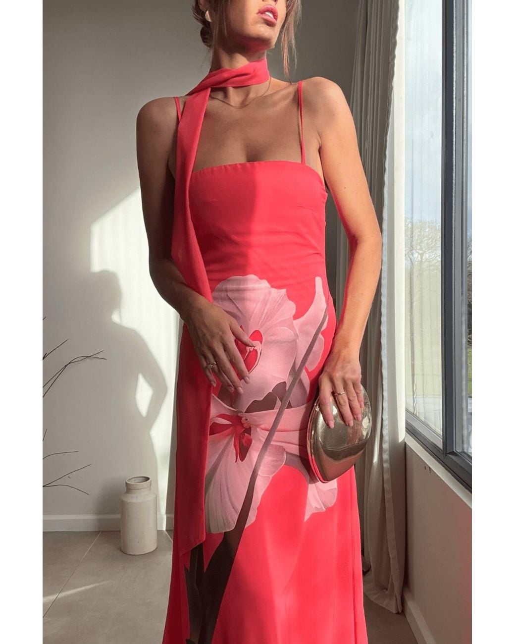 Style Cheat Pink Peony Soft Satin Maxi Dress With Scarf