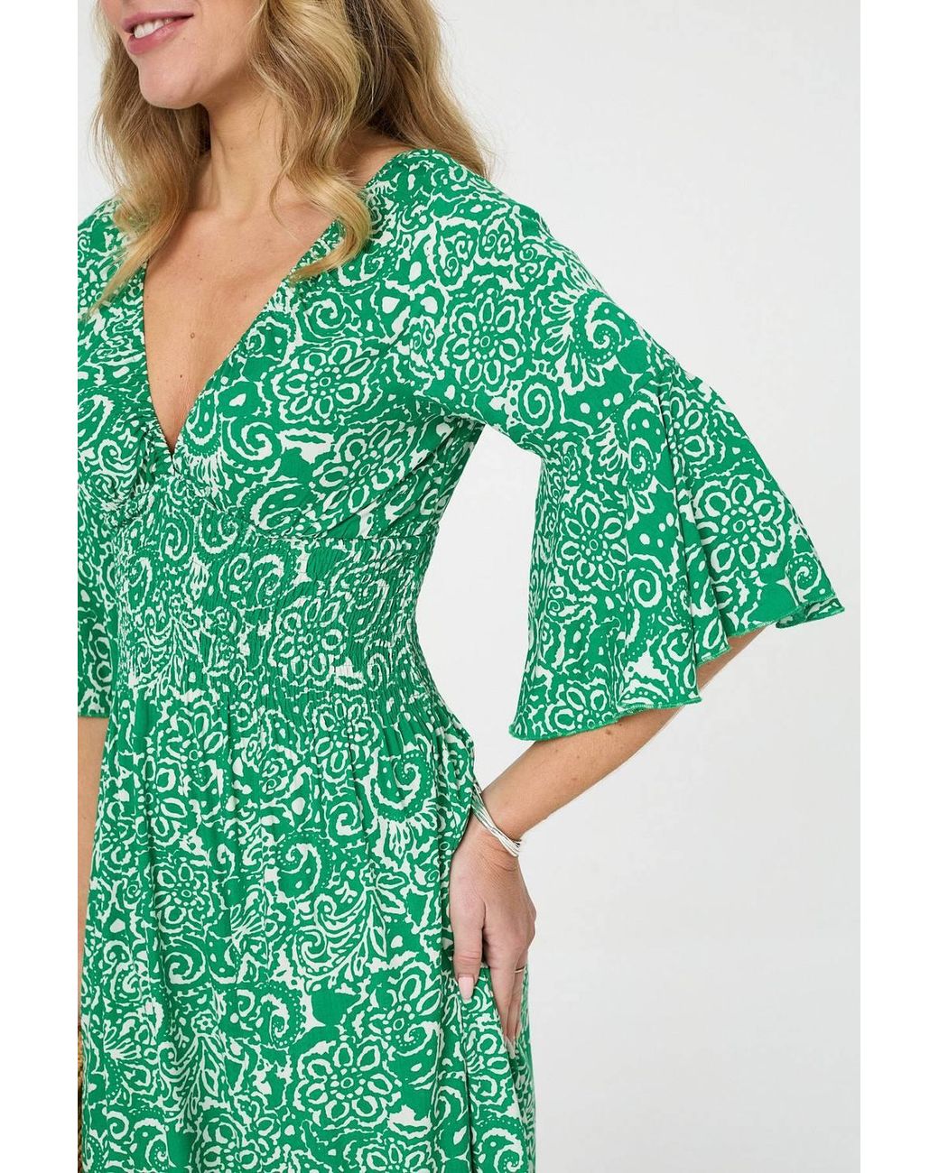 Izabel London Green Printed 3/4 Sleeve Layered Midi Dress