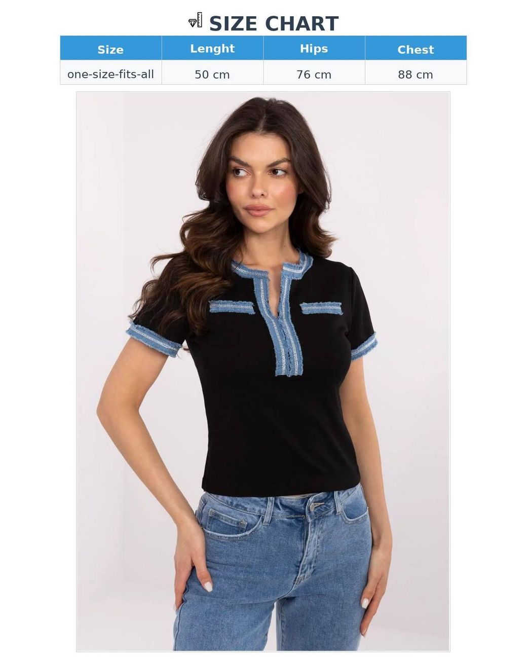 Love Lace Black Fitted Cotton Elastane V Neck Blouse With Denim