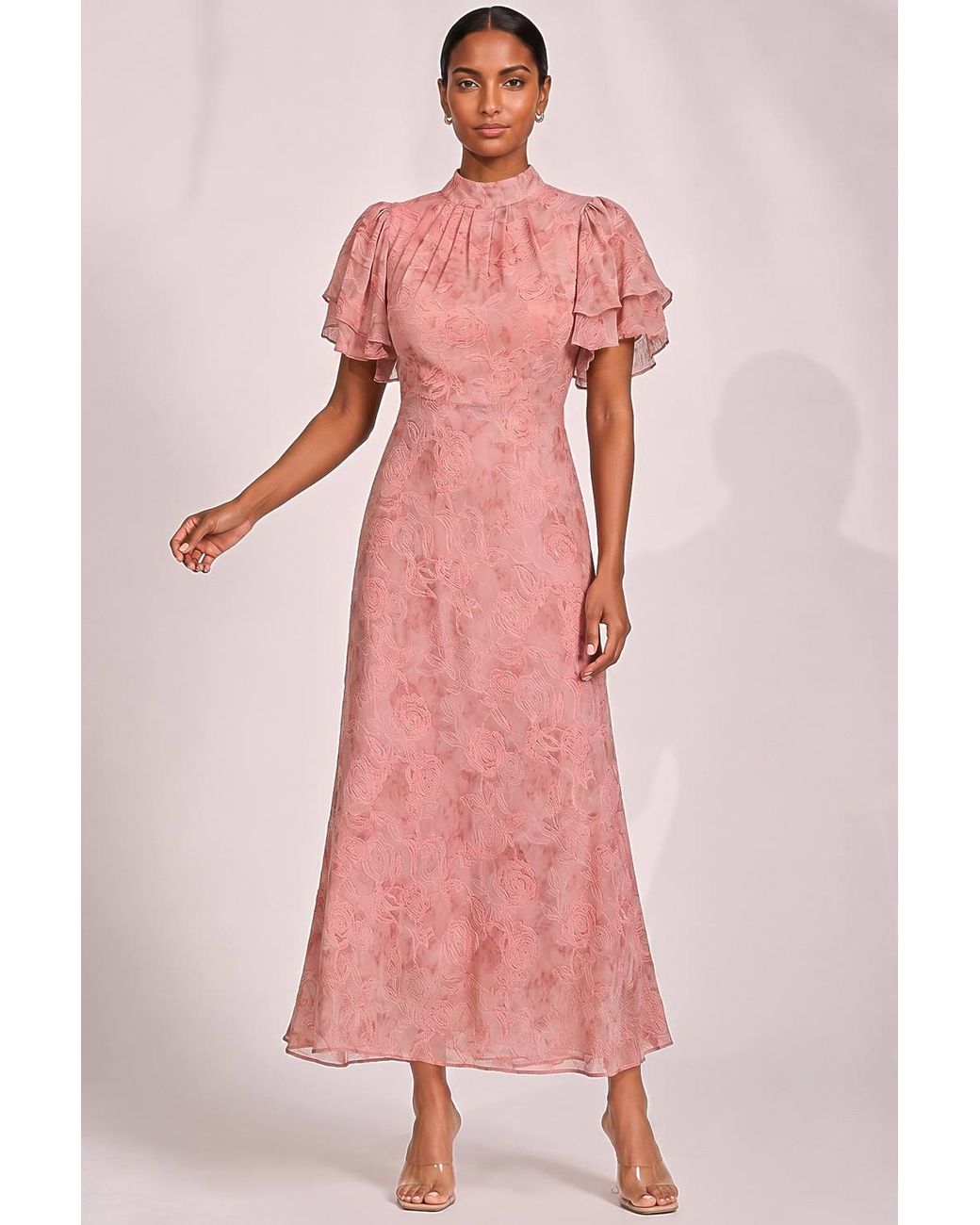 Jolie Moi Pink High Neck Angel Sleeve Chiffon Maxi Dress
