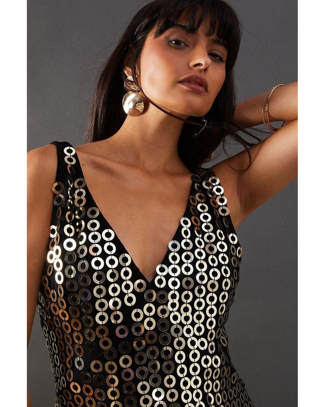Warehouse Black Hand Embellished Disk Sequin High Apex Midi Dress