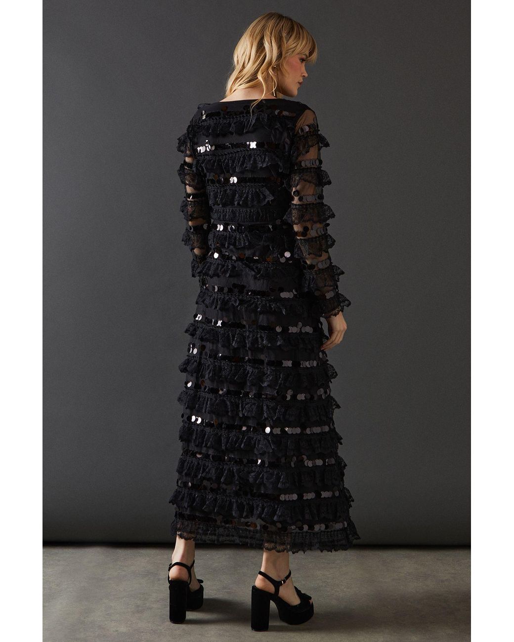 Warehouse Black Premium Lace Sequin Frill Tier Plunge Neck Maxi Dress