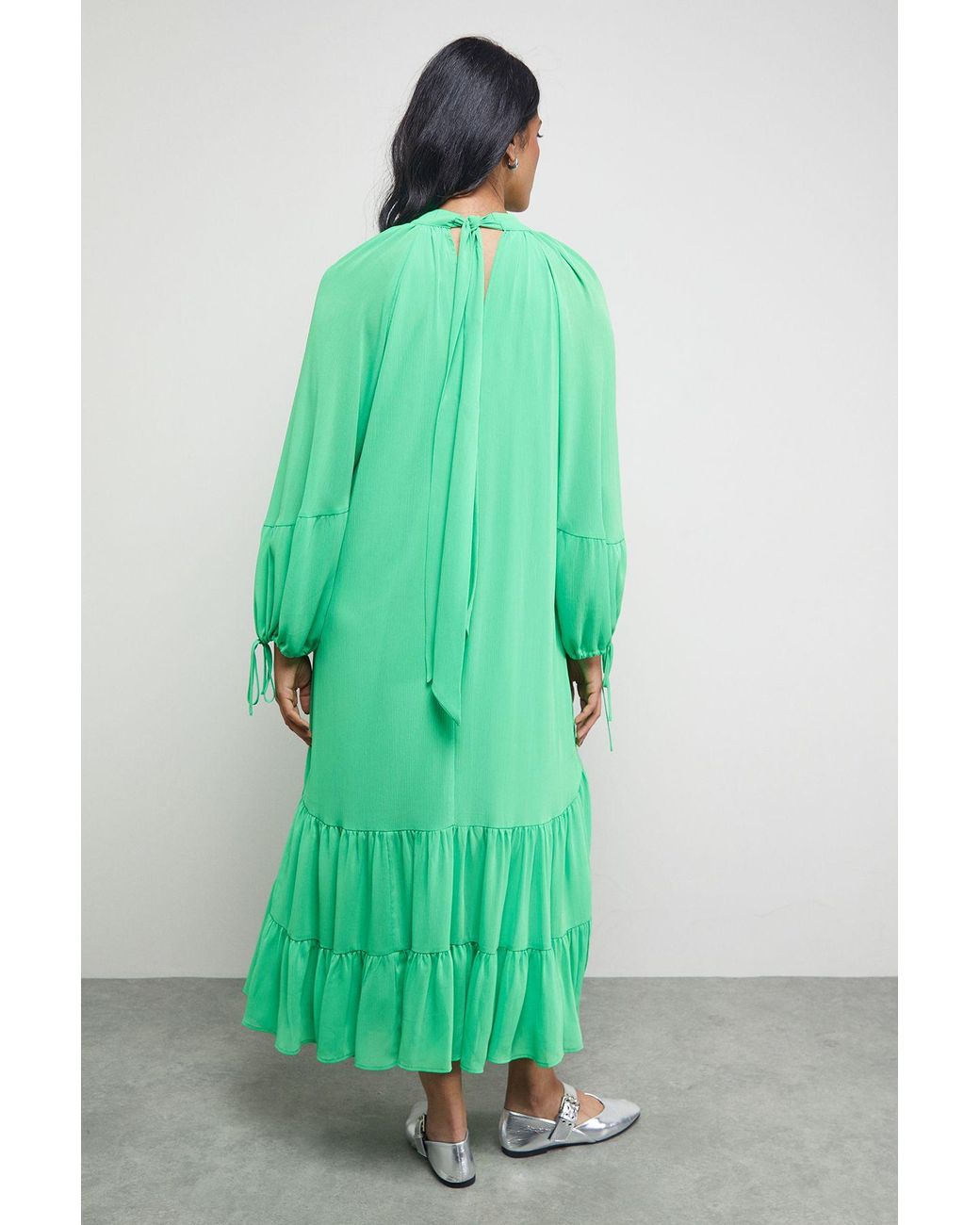 Warehouse Green Tony Chiffon High Neck Tier Smock Midi Dress