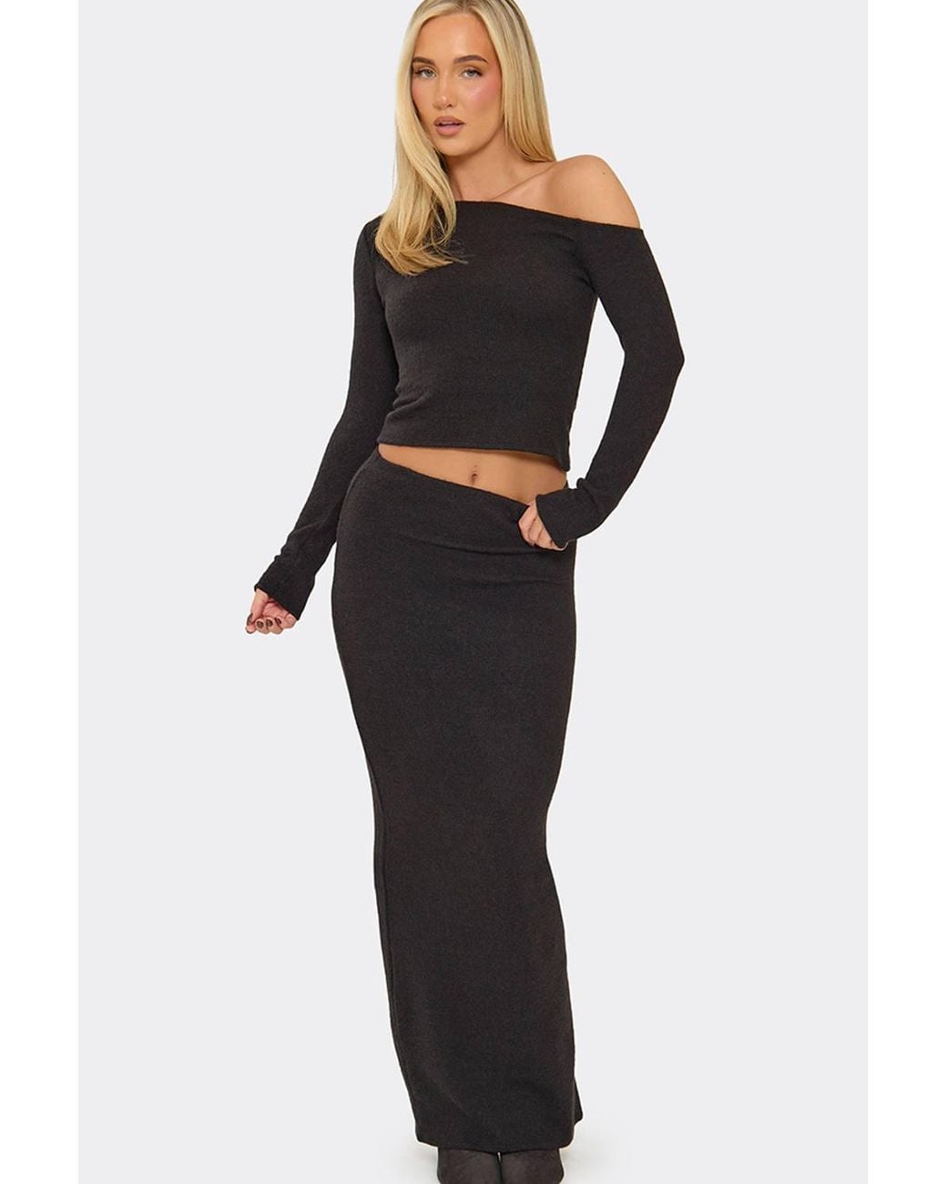 EGO Black Ribbed Low Rise Maxi Skirt
