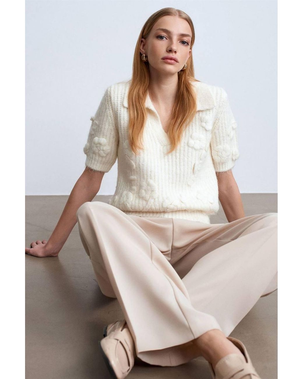Dilvin White Textured Ribbed Polo-Collar Sweater
