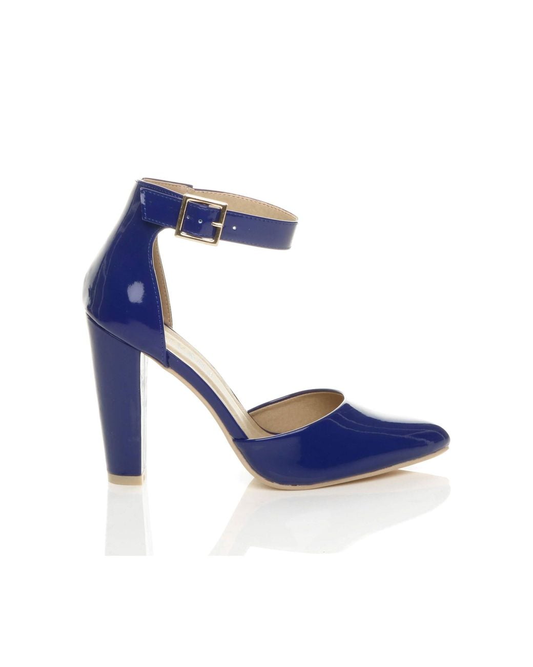 AJVANI Blue High Heel Ankle Strap Pointed Toe Patent Court Shoes