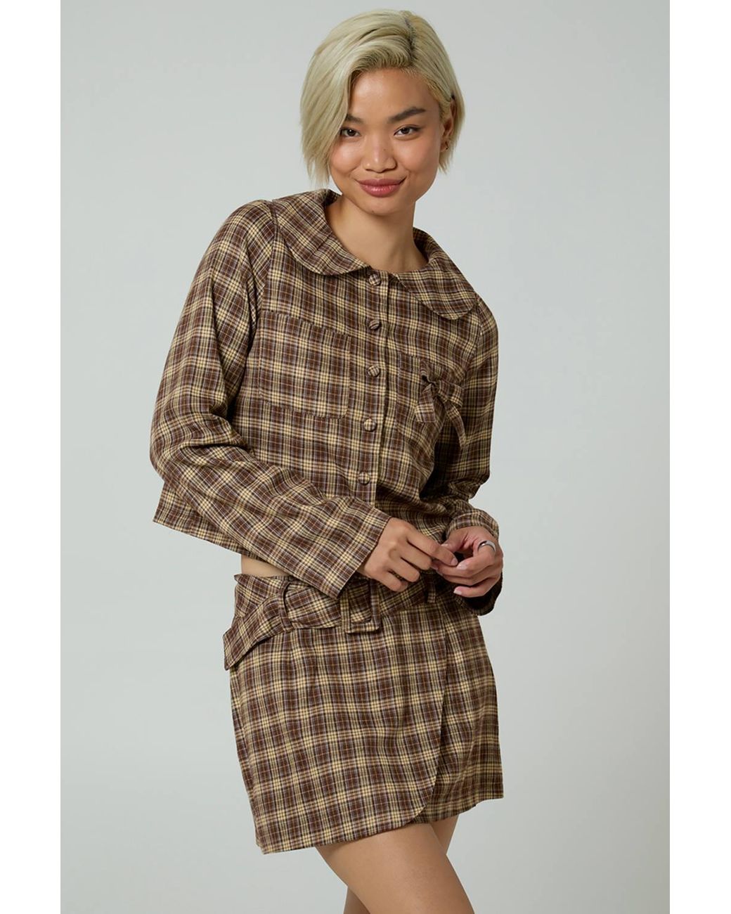 Neon Rose Brown Plaid Check A-Line Wrap Front Mini Skirt