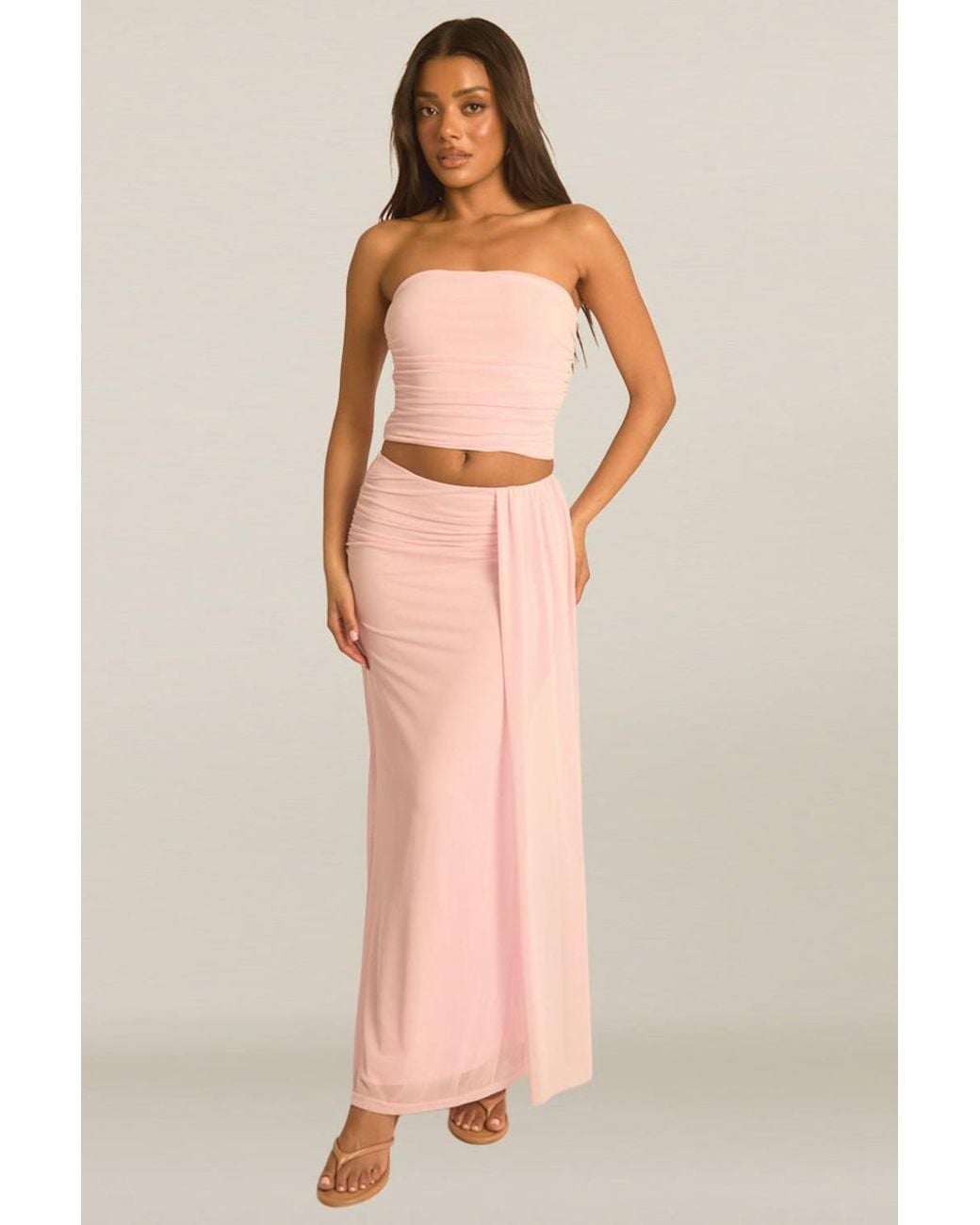 Rebellious Fashion Natural Mesh Bandeau Top & Maxi Skirt Co-Ord Set