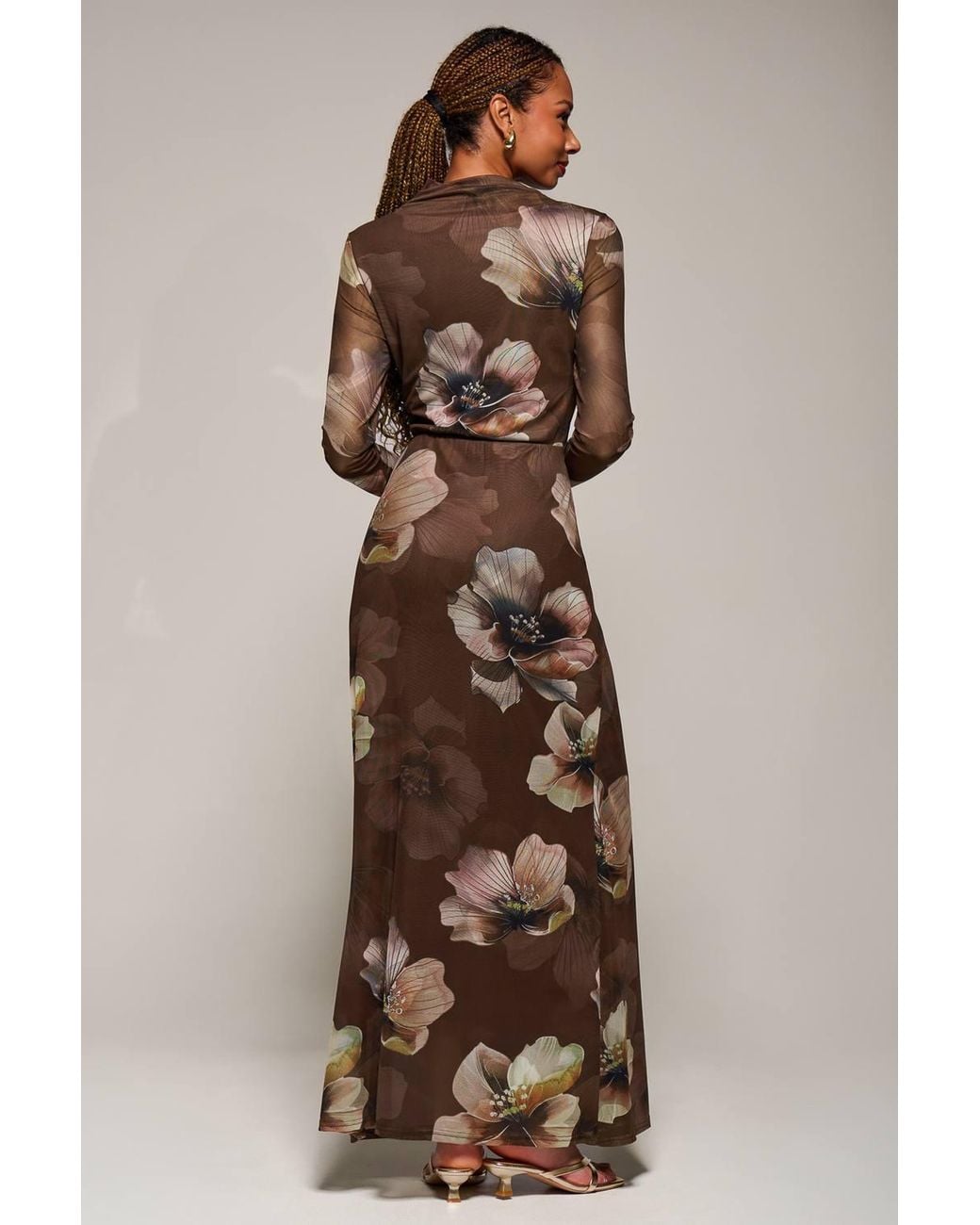 Jolie Moi Natural High Neck Long Sleeve Mesh Maxi Dress