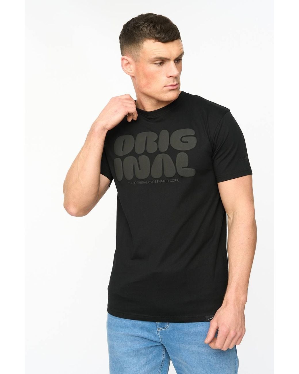 Crosshatch Black Transflate Crew Neck Cotton T-Shirt With Puff Print Logo for men