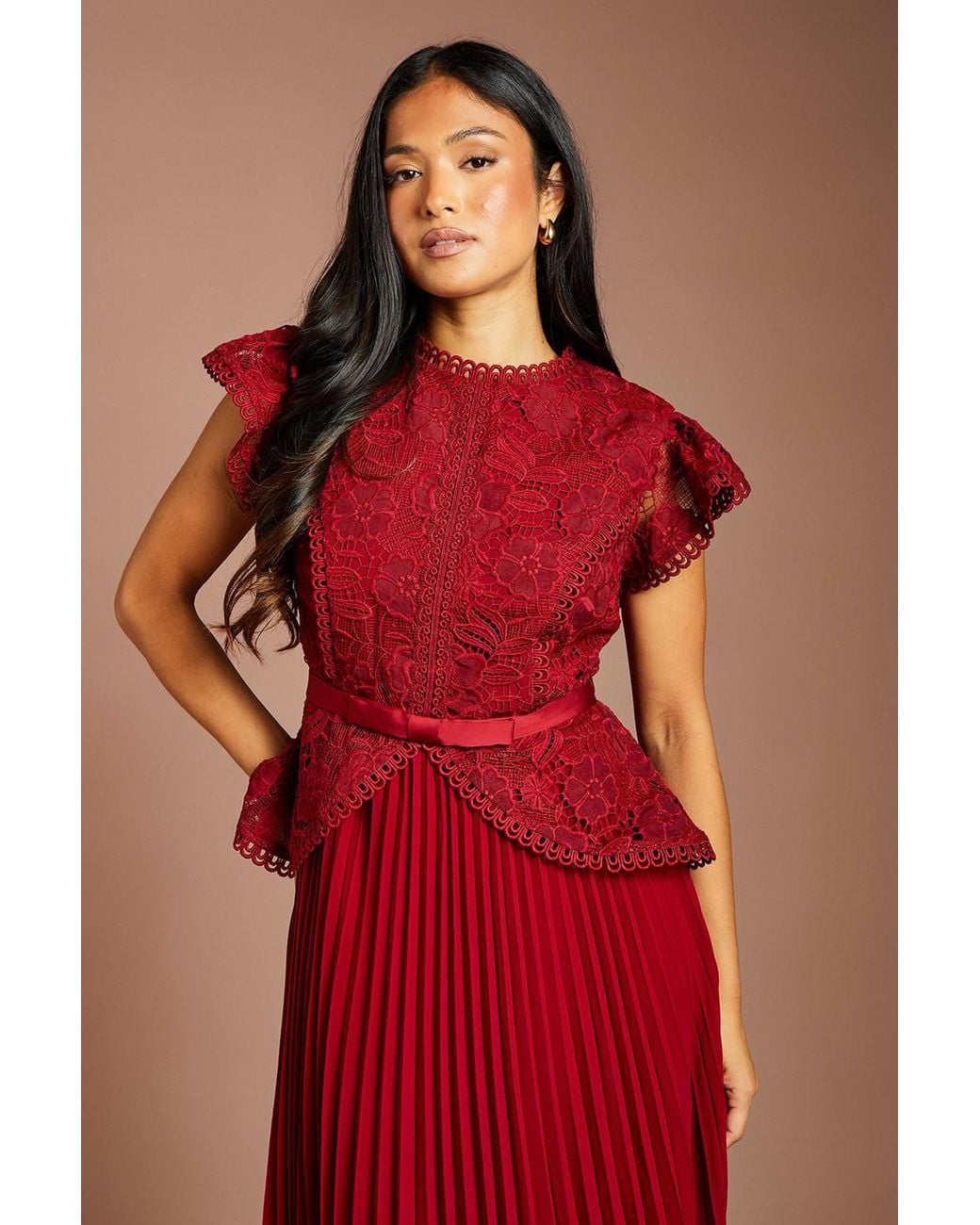 Coast Red Petite Lace Bodice Peplum Midi Dress