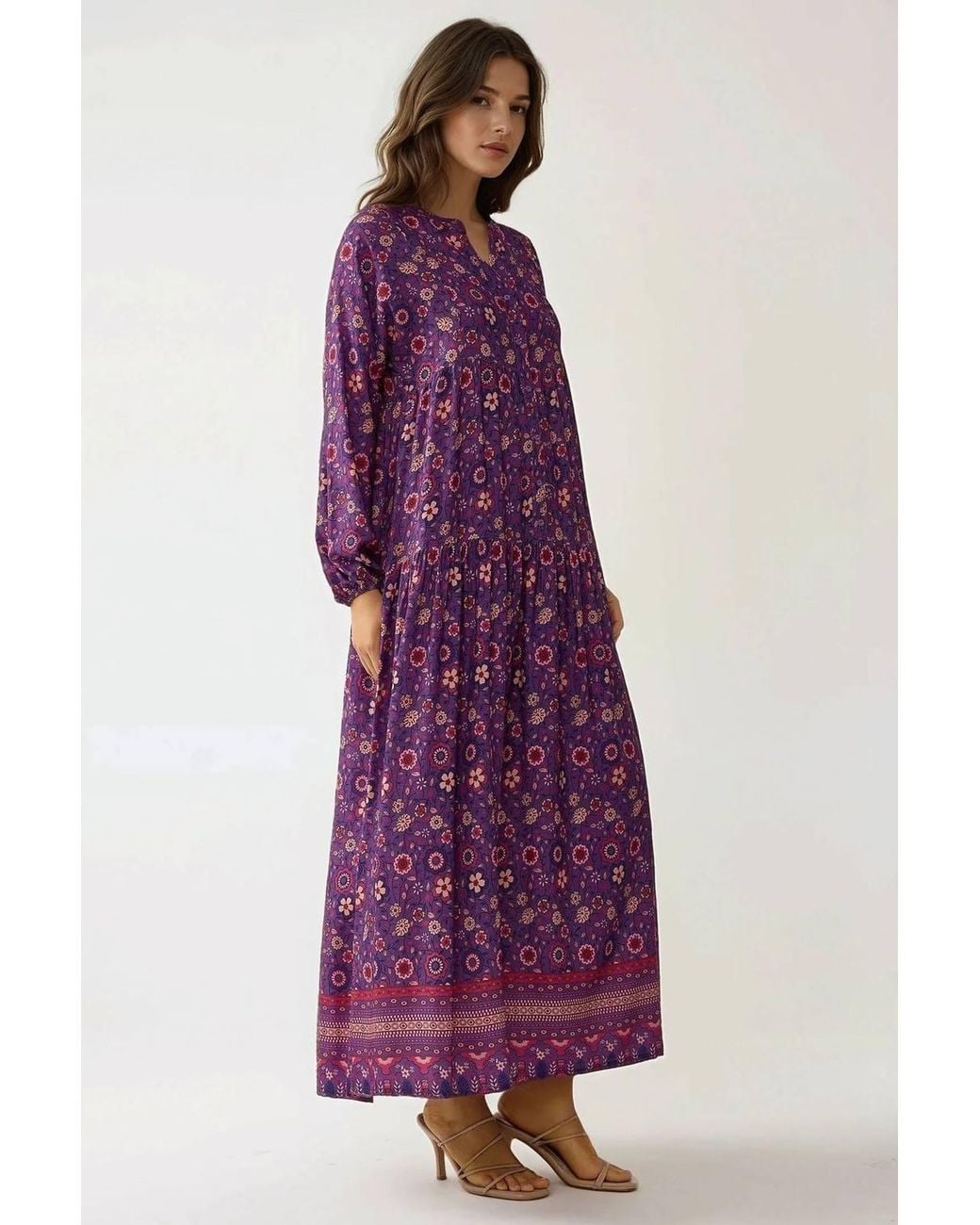 Hiccup Purple Printed V-Neck Maxi Dress With Buttons