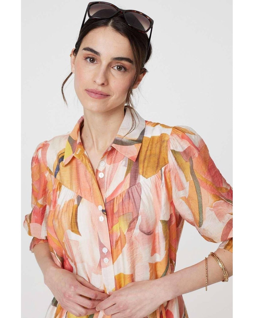 Izabel London White Printed 3/4 Puff Sleeve Shirt Dress