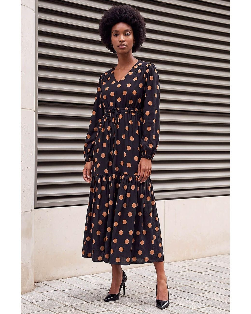 Roman Brown Polka Dot Stretch Midi Dress