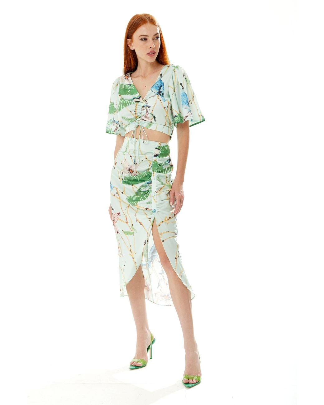 Liquorish Blue Bird Print Ruched Front Crop Top