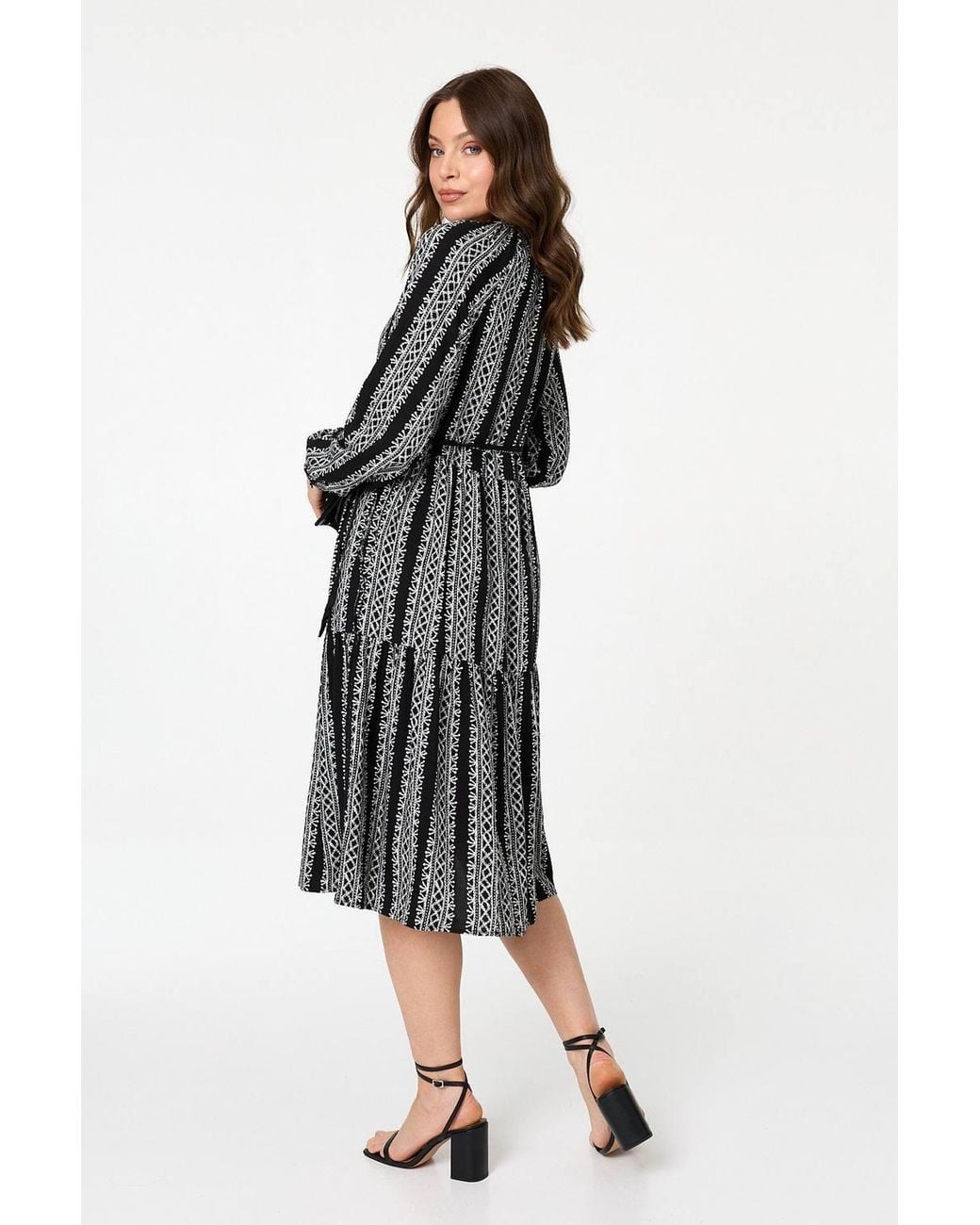 Izabel London Black Geo Print Tiered Long Sleeve Midi Dress