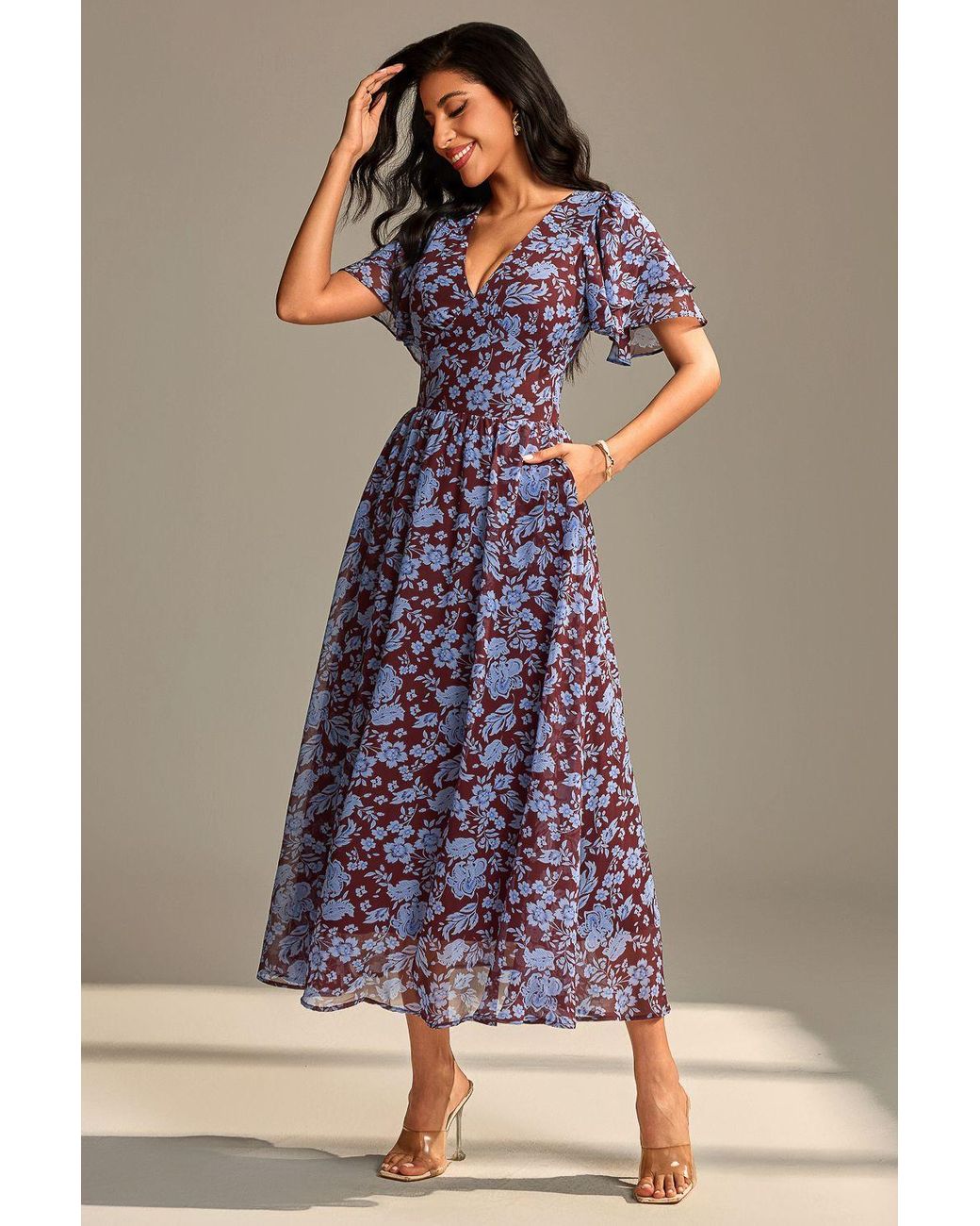 Jolie Moi Blue Layered Angel Sleeved Chiffon Maxi Dress