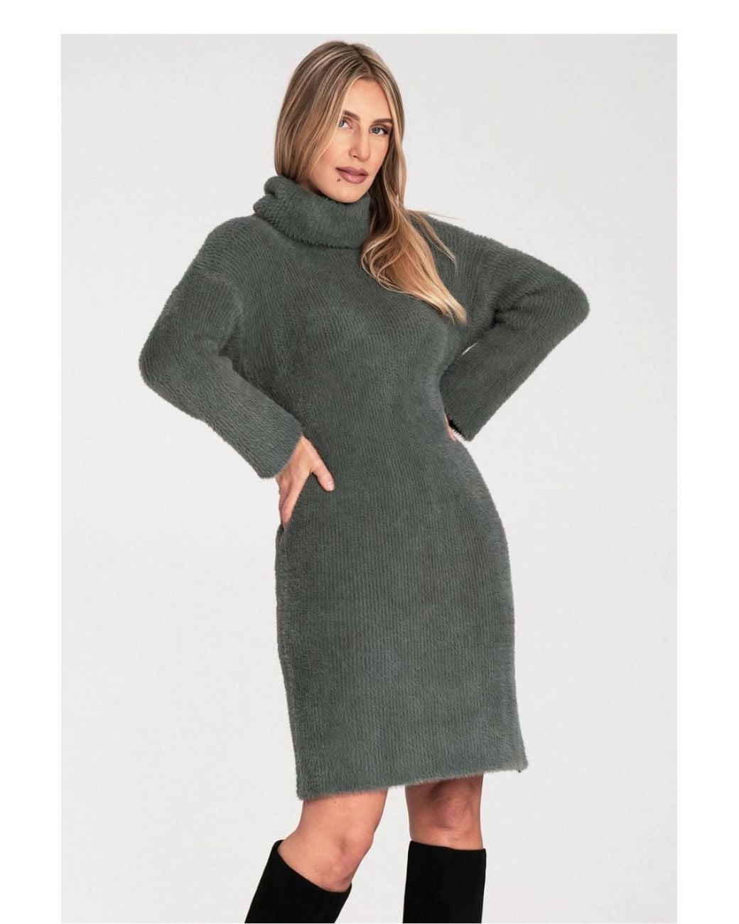 Love Lace Green Soft Fluffy Bell Sleeve Turtleneck Dress
