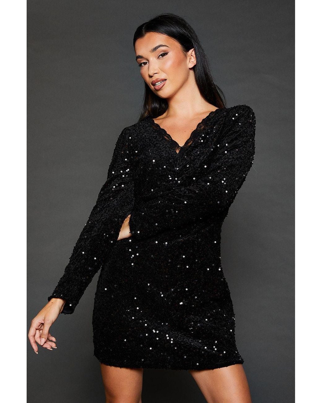 Dorothy Perkins Black Lace Trim Sequin Mini Dress