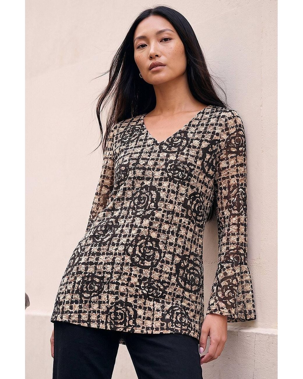 Roman Brown Floral Printed Lace Stretch Top