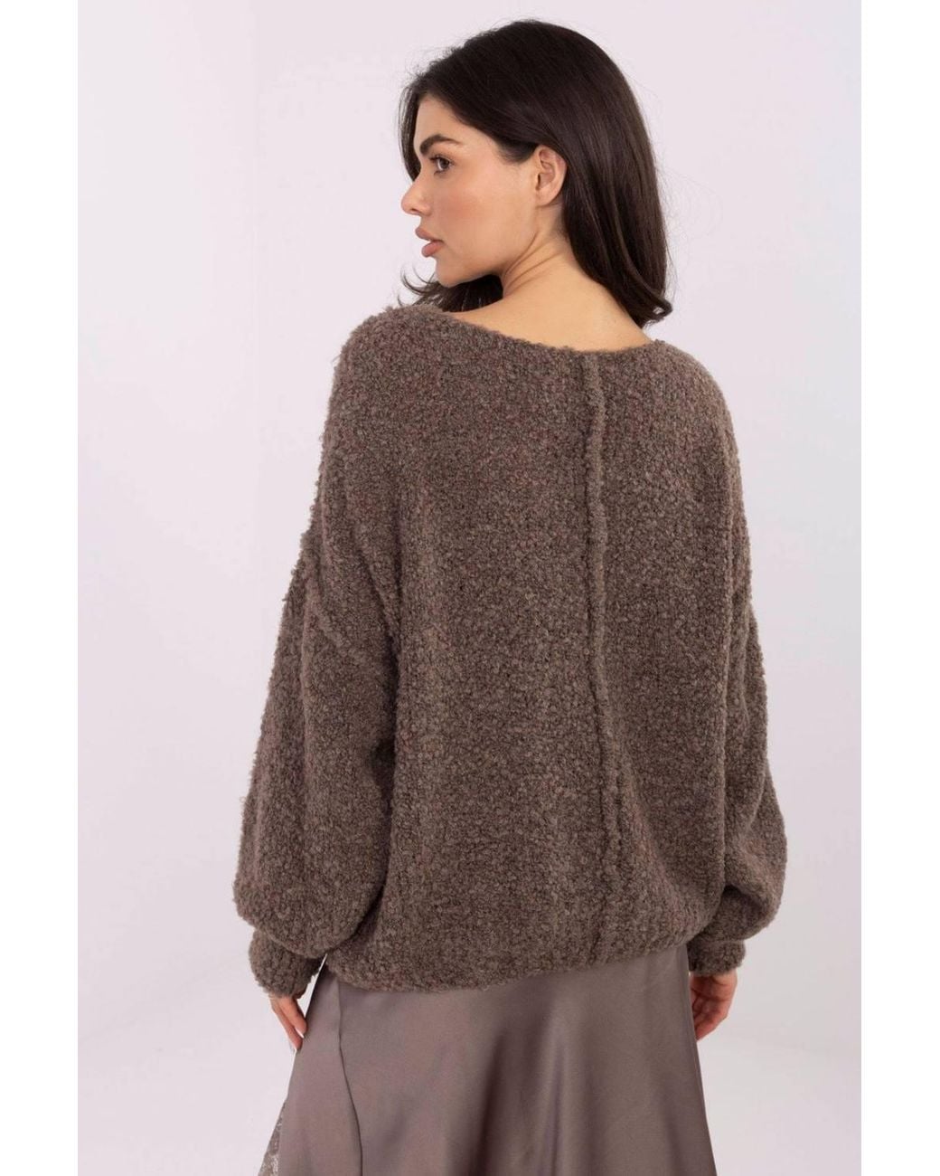 Love Lace Brown Boucle Knit Sweater With Decorative Stitching