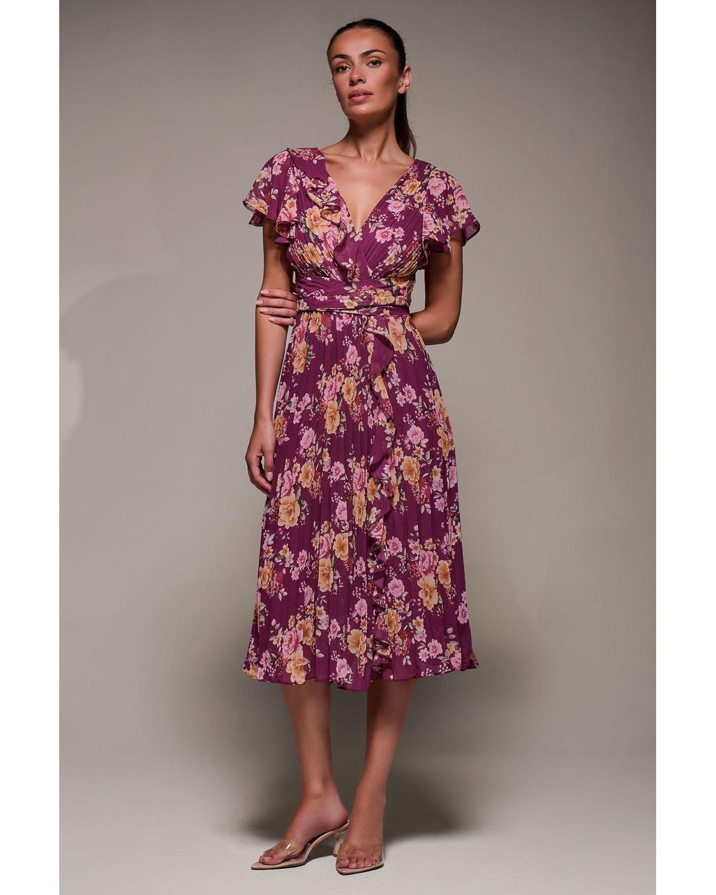 Jolie Moi Pink Printed Ruffle Detail Pleated Chiffon Midi Dress
